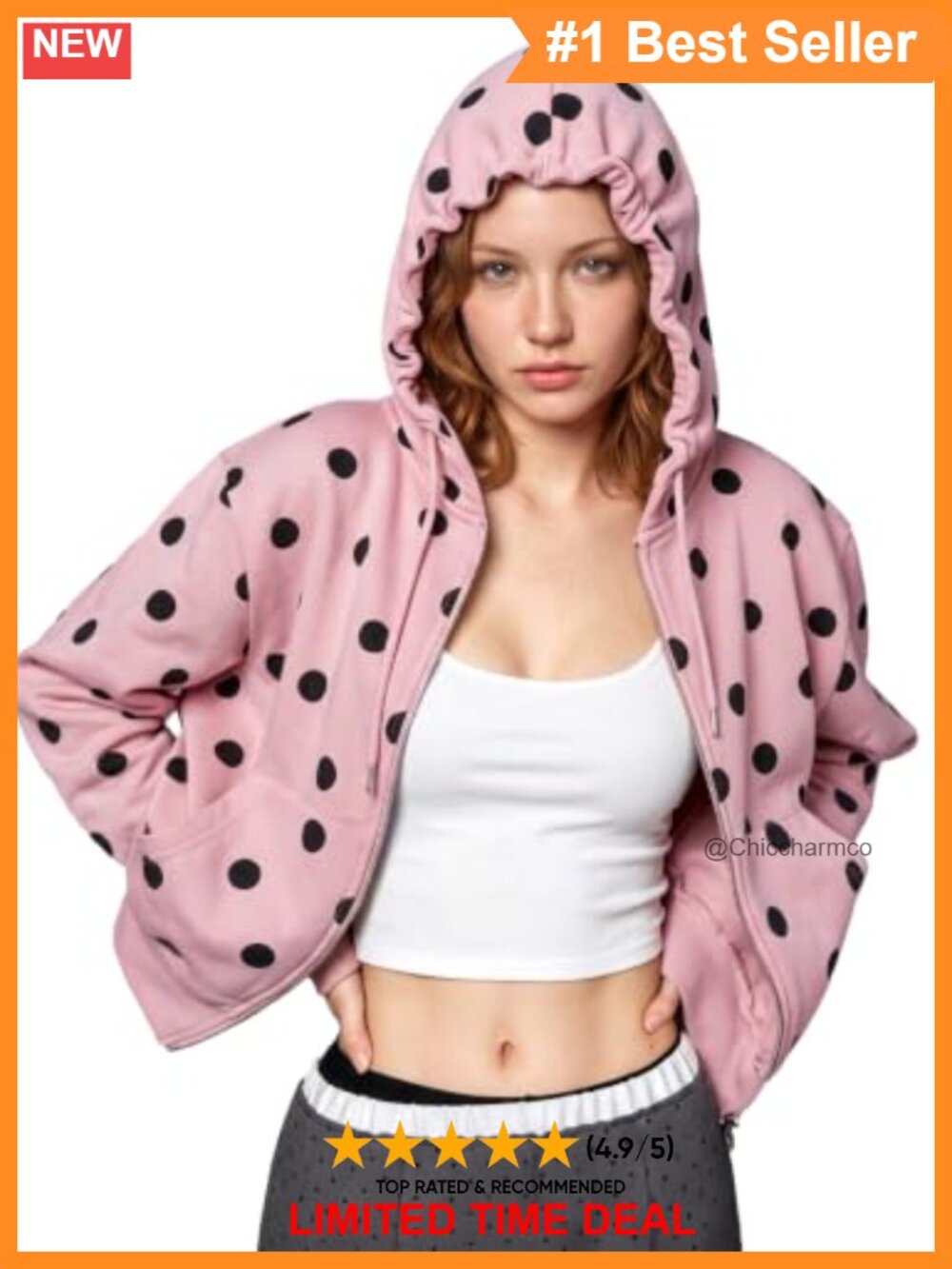 Women Polka Dot Zip Up Fleece Hoodie Long Sleeve Sweatshirt